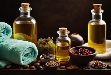 Spa still life with essential oils, nuts and herbs on dark backgroundの素材
