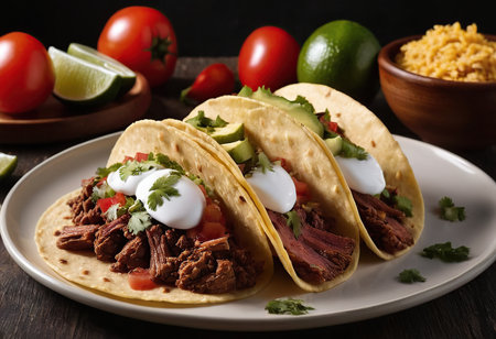 Mexican tacos with beef, avocado, tomato and sour cream.の素材