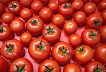 tomatoes on a red background, close-up, top viewの素材