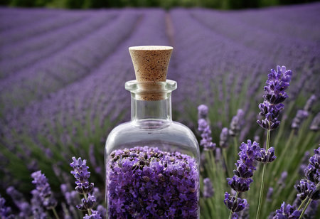 Bottle of lavender oil with lavender flowers on lavender fieldの素材