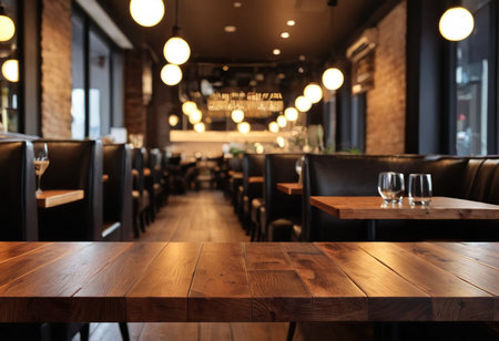 Empty wooden table and blurred background of cafe or restaurant. For product displayの素材