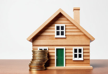 House model and coins on white background. Real estate and property investment concept.の素材
