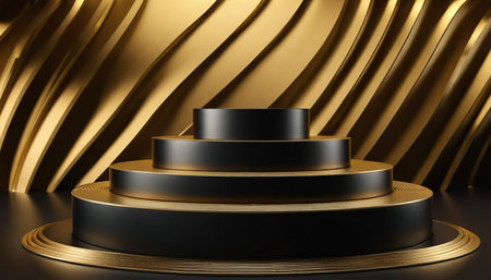 Black podium on golden background. 3d rendering, 3d illustration.の素材