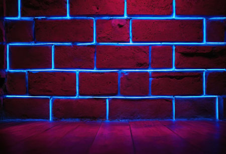 Red brick wall illuminated with blue led lights. Empty room interior background.の素材