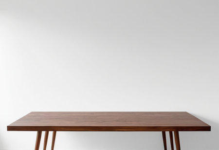 Empty wooden table in front of white wall. 3D Renderingの素材