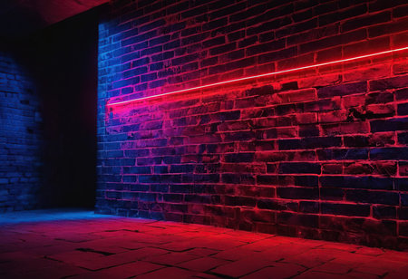 red and blue neon light in a dark room with brick walls and floorの素材