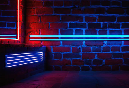 Neon light on brick wall background. Blue and red color.の素材