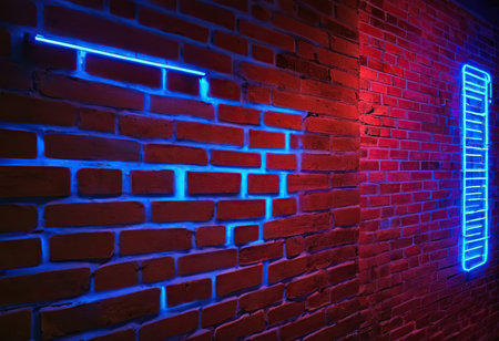 Neon sign on the brick wall. Blue and red lighting.の素材