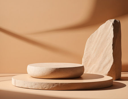 3d rendering of minimal geometric forms. Brown podium for product presentation.の素材