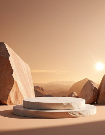 3d render of podium for product display in desert with rocks and sunの素材