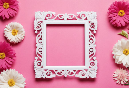 White frame with flowers on pink background. Flat lay, top viewの素材