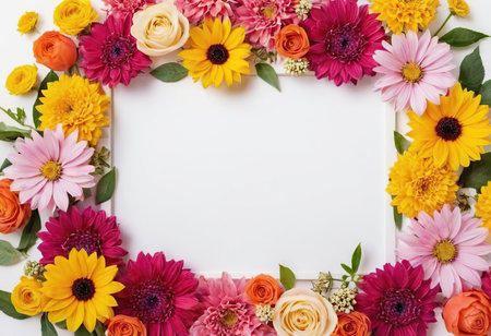 Flowers composition. Frame made of flowers on white background. Flat lay, top view, copy spaceの素材