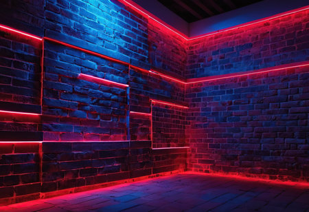 3d rendering of neon lights in a room with brick walls.の素材