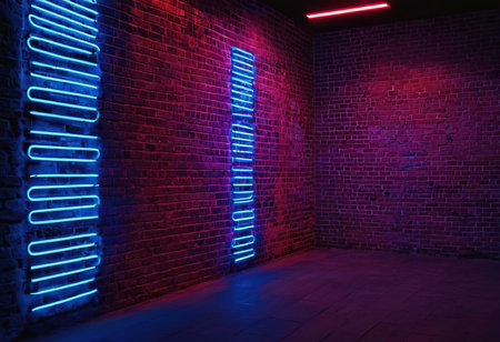Neon lights in a dark room with brick wall and floor.の素材