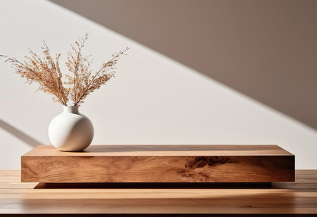 Wooden shelf with vase of dried flowers on wooden table in interiorの素材