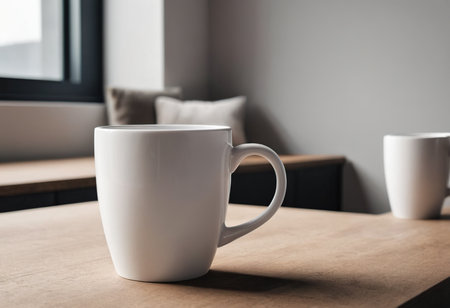 Coffee cup on wooden table in coffee shop, stock photoの素材
