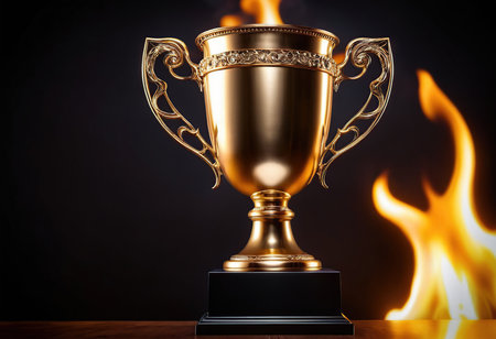 Trophy cup on a wooden table against the background of burning fireの素材