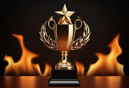 Golden trophy cup with laurel wreath and star on black backgroundの素材