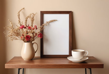 Blank picture frame, cup of coffee and dried flowers on wooden shelfの素材