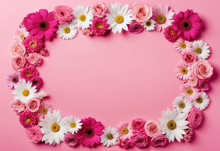 Frame made of pink and white flowers on pink background, flat layの素材
