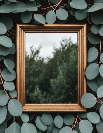 Wooden frame with green eucalyptus leaves background.の素材
