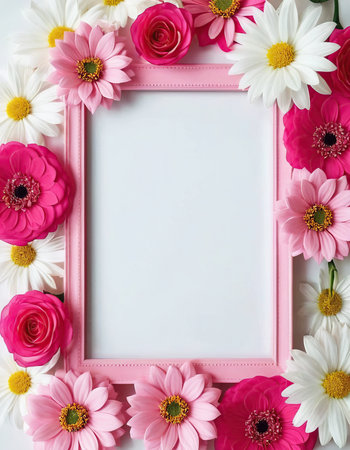 Pink frame with flowers on white background. Flat lay, top view.の素材