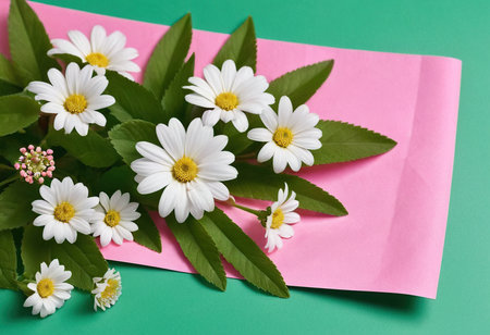 White daisies with green leaves and pink envelope on green backgroundの素材