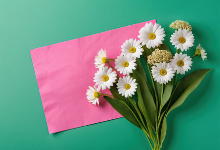 Bouquet of white daisies and a pink sheet of paper on a green backgroundの素材