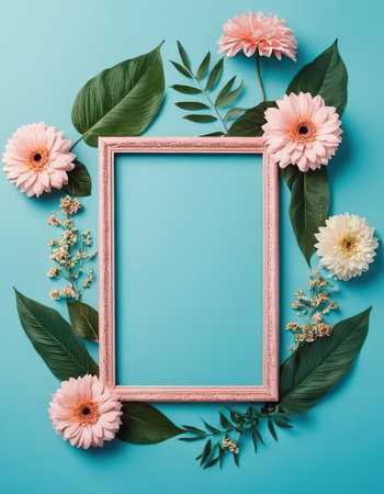 Flowers and leaves frame on blue background. Flat lay, top viewの素材