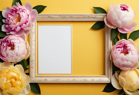Frame with peony flowers on yellow background. Flat lay, top viewの素材