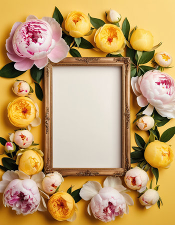 Beautiful peony flowers and vintage frame on yellow background. Flat lay, top viewの素材