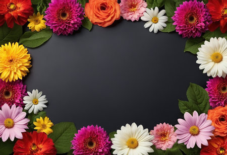 Frame of colorful flowers on black background, top view. Space for textの素材