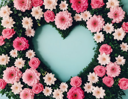 Heart of pink and white roses with green leaves on blue background.の素材