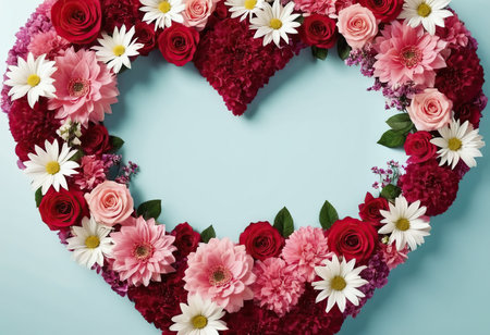Heart shaped frame made of flowers on blue background, valentines day conceptの素材