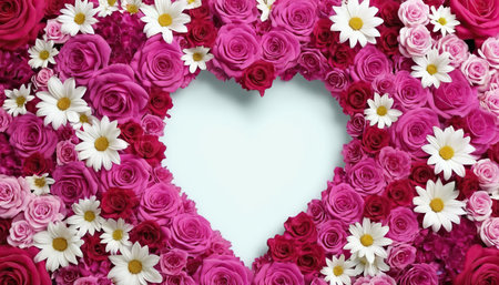 Heart made of pink roses and white daisies on white backgroundの素材