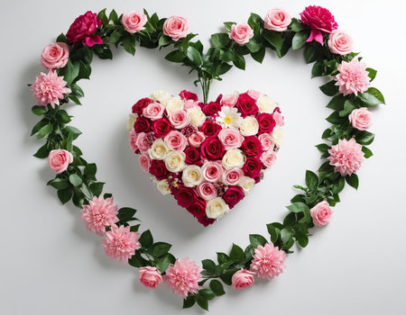 Heart made of beautiful flowers on white background, top view. Valentine's Dayの素材
