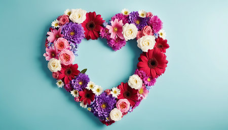 Flowers in the shape of a heart on a blue background.の素材