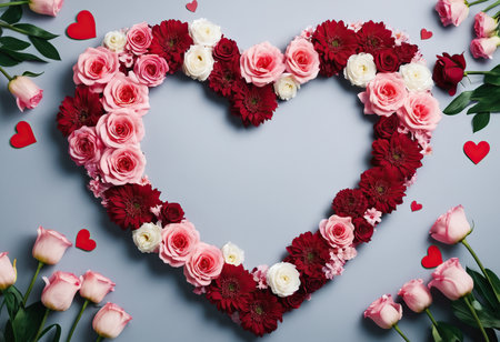 Beautiful bouquet of flowers in the shape of heart on blue backgroundの素材