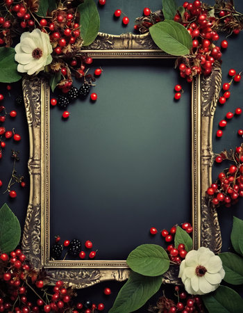 Vintage frame with berries and leaves on blackboard background, top viewの素材