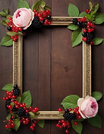 frame with berries and roses on wooden background, copy space for textの素材