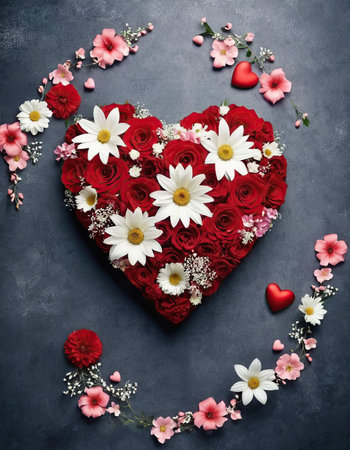 Heart shape made of red and white flowers on grunge background.の素材