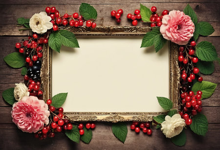 Vintage frame with flowers and berries on wooden background, top viewの素材