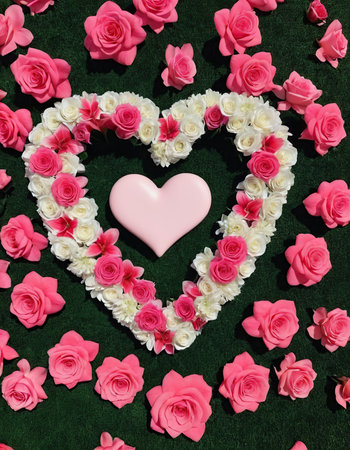 Heart made of pink roses and pink heart on green grass background.の素材