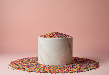 Cake stand with colorful sprinkles on pink background. Minimal style.の素材