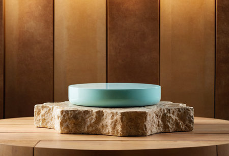 Mockup of turquoise round podium for product presentation.の素材