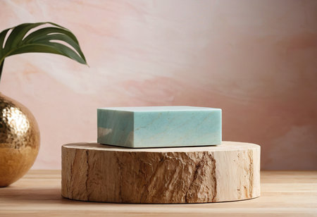 Podium with turquoise soap on wooden table against color backgroundの素材