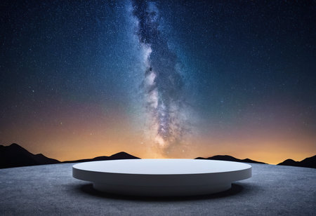 Night scene with round podium and milky way. 3D renderingの素材
