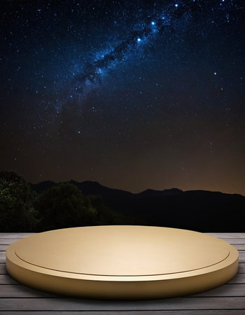 Round golden podium on wooden platform against milky way over mountain landscapeの素材