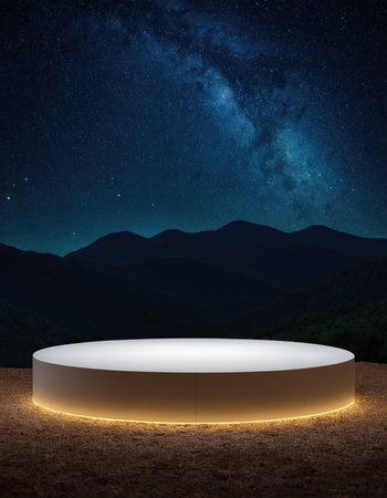 Empty round podium in the middle of the night landscape. 3d renderingの素材