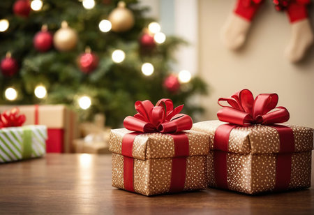 Gift boxes with red ribbons on wooden table in room decorated for Christmasの素材